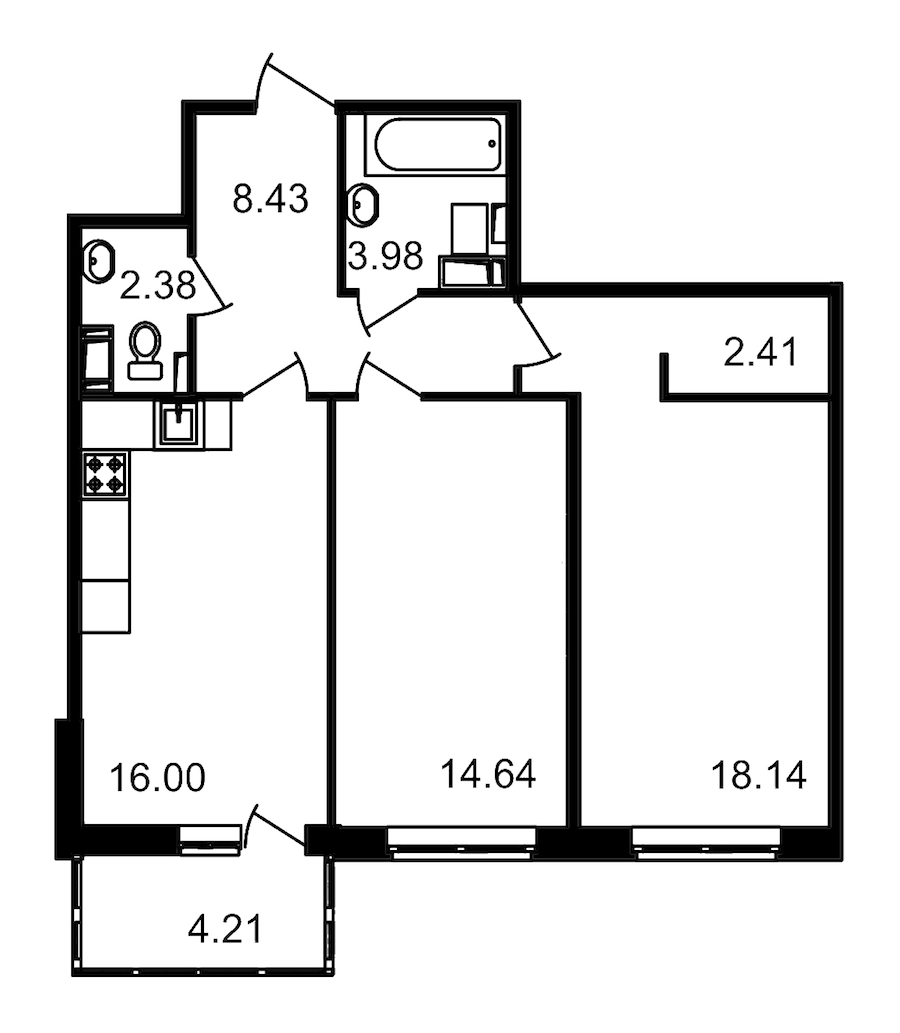 2-комнатная квартира 65.98 м², 11/11 эт., ЖК «Чёрная речка»